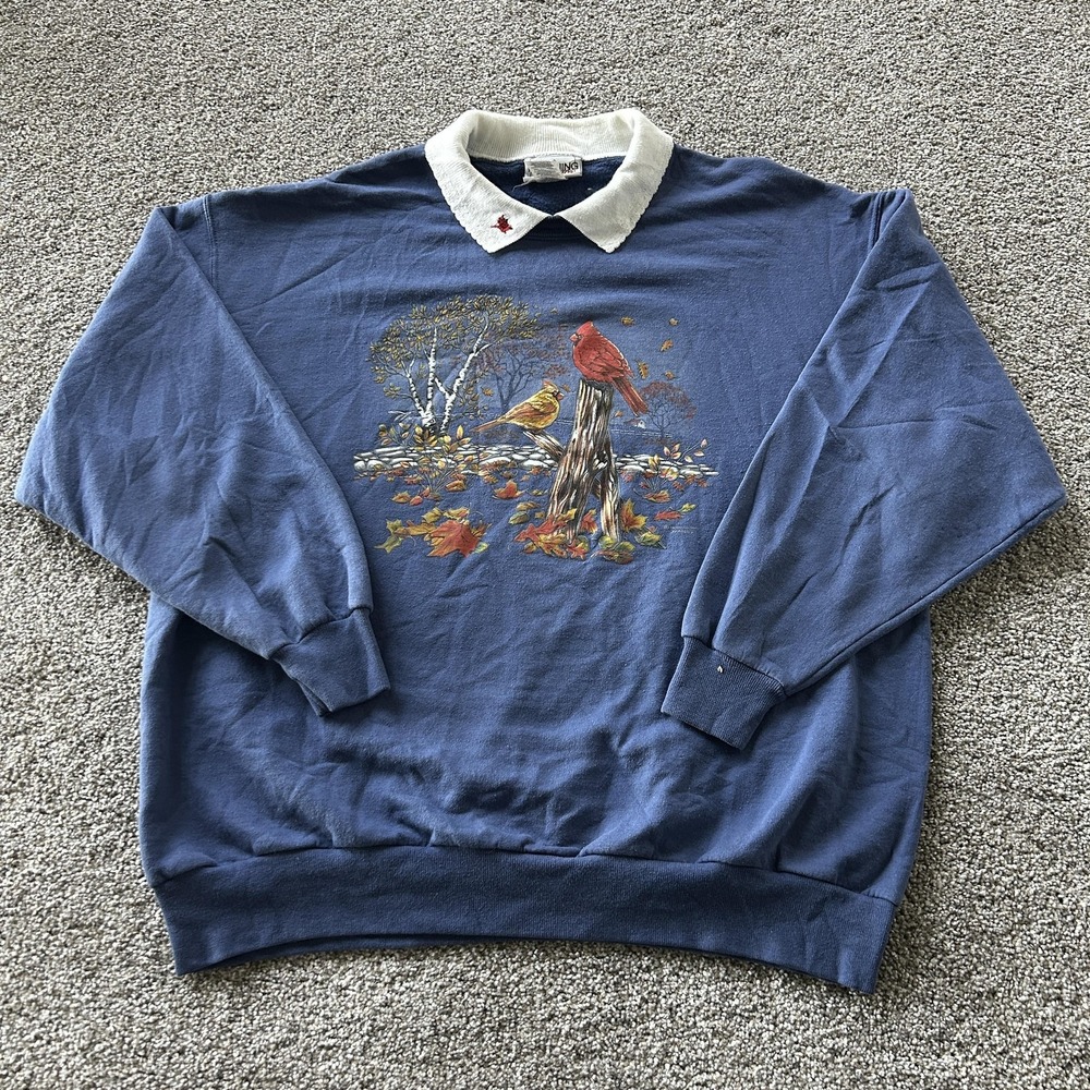 Vintage Morning Sun Sweater Womens XL Blue Collared Cardinal Fleece Pullover